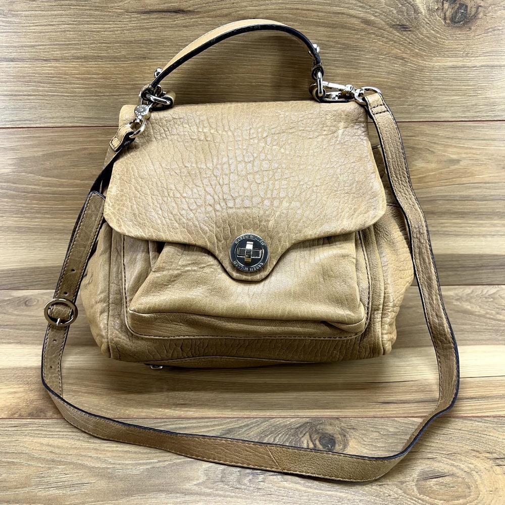 Karen Millen Textured Leather Turnlock Crossbody Bag Camel Tan Top Handle